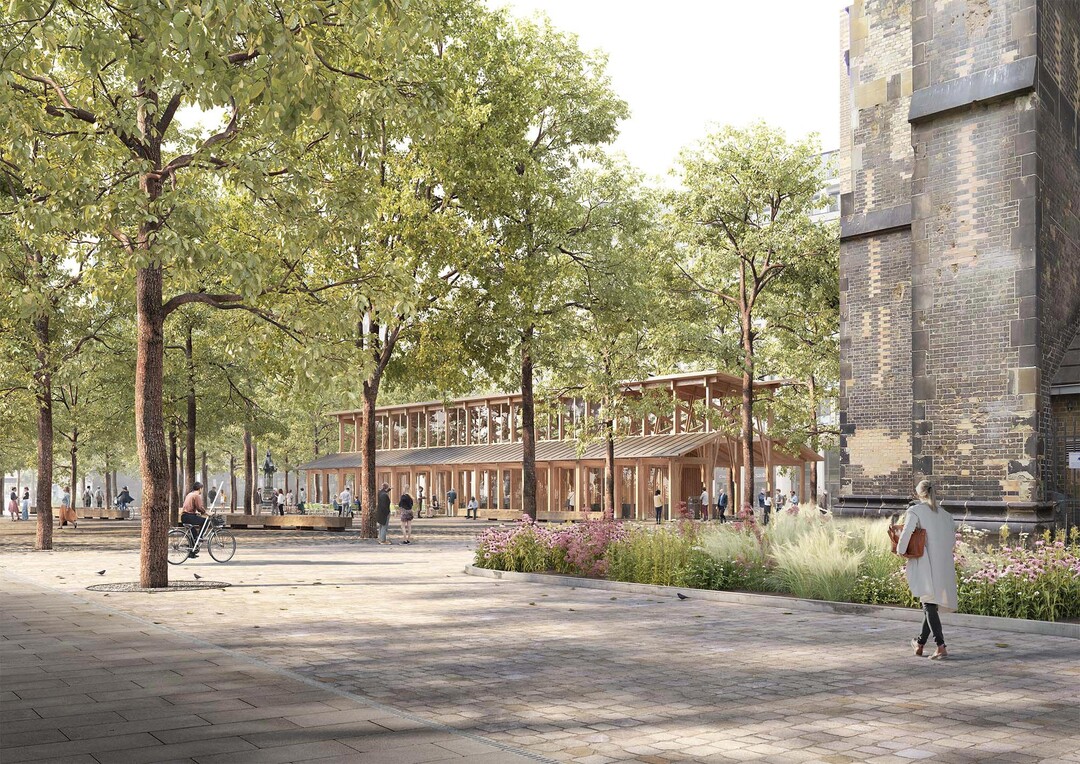 In Analogie einer berdachten Ausgrabungssttte prsentiert sich der Ausstellungspavillon auf dem neu gestalteten Hopfenmarkt. Er berspannt den Einschnitt in die Unterwelt, wo die Grundmauern Hamburgs erster Siedlung freigelegt werden. Gleichzeitig stellt er eine Reminiszenz an die ehemaligen Markthallen des Hopfenmarkts dar.[Auszug Erluterungsbericht]