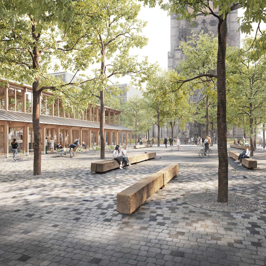 Eingebettet in ein sich mit dem Umfeld verschmelzende Gestaltung der Platzrnder, wird die zentrale Platzflche des Hopfenmarkts vor und um das St. Nikolai Denkmal durch einen einheitlichen Belag zusammengefasst.[Auszug Erluterungsbericht]