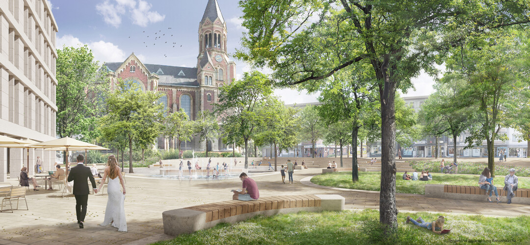 Stadtbhne: Durch die topografische Absenkung wird das zulaufende Regenwasser bei Starkregenereignissen im Inneren zurckgehalten, verdunstet oder zeitverzgert abgeleitet bzw. in Rigolen unterirdisch gespeichert. Vis--vis bietet die Stadt-Tribne ausreichend Platz, um das Geschehen zu beobachten oder nach einem erfolgreichen Einkauf auf dem Markt ein Eis zu essen. Die neue Freitreppenanlage mit integrierten Sitzstufen bietet einen exponierten Ausblick ber den gesamten Weberplatz. Das als Fontnenfeld ausgebildete Wasserspiel ist der zentrale Anziehungspunkt des Blauen Forums und schafft im Zusammenspiel mit den schattenspendenden Gehlzen eine lebendige und erfrischende Atmosphre. Es interagiert mit den neuen Rumlichkeiten des Standesamtes und dient mit der Kreuzeskirche im Hintergrund als erster Foto Spot nach einer Trauung. AUSZUG ENTWURFSTEXT