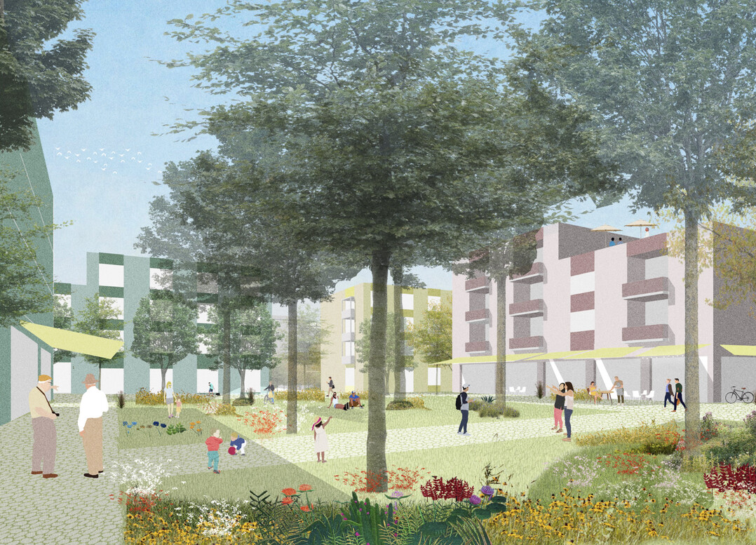 Der Entwurf erzeugt durch die Schaffung des neuen Weihersbergparks, der als das Rckgrat des Quartiers fungiert, nicht nur einen neuen qualittvollen Grnraum, sondern verbindet auch die groen bergeordneten Grnzge entlang des Herbstgrabens und des Grundbachs. Es entsteht eine grozgige Verbindung zwischen den bestehenden Grnrumen und somit ein zusammenhngendes Netzwerk naturnaher Freirume. Diese Verbindung strkt nicht nur die kologische Vielfalt, sondern bietet auch den Bewohnern eine attraktive Umgebung zum Erholen und Verweilen. Der Entwurf des Parks folgt der natrlichen Topografie des Gelndes und integriert sie selbstverstndlich. (AUSZUG ENTWURFSTEXT)