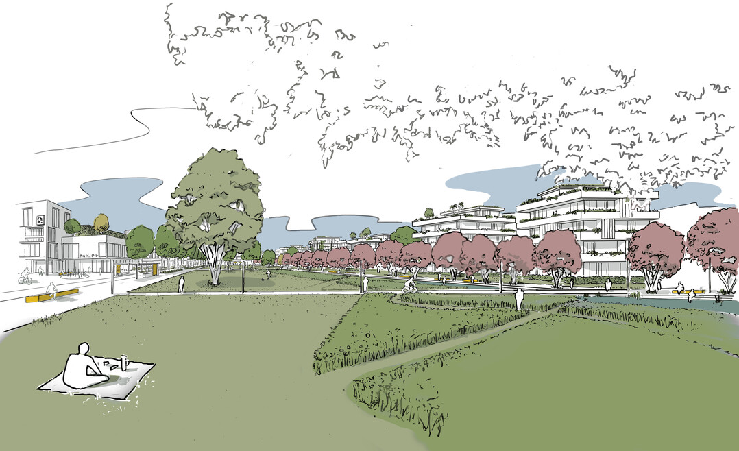 Der zentrale Niersteinpark mit seinen weiten Rasenflchen und der Teichanlage
wird vom Platz erlebbar. Er bernimmt neben seiner Bedeutung als identittsstiftende
Grnflche auch die elementare Aufgabe der Regenwasserrckhaltung bei
Extremregenereignissen. Der Park wird auf der Sdseite begleitet von einer zentralen
Erschlieungspromenade. Auf der Nordseite bilden die Stadtvillen mit ihren unterschiedlichen
Ausrichtungen und ppig bepflanzten Balustraden den Balkon zum
Park sowie einen lockeren bergang zum Wohnquartier. Nach Sden und Westen
schtzt eine weitgehend geschlossene Bebauung der Wohn- und Gewerbehfe
vor den umgehenden Straen. Die aufgelockerte Wohnbebauung der Stadtvillen
mit ihren prgenden Balkonen ist eingebettet in die Auslufer des Parks. (AUSZUG ENTWURFSKONZEPT)