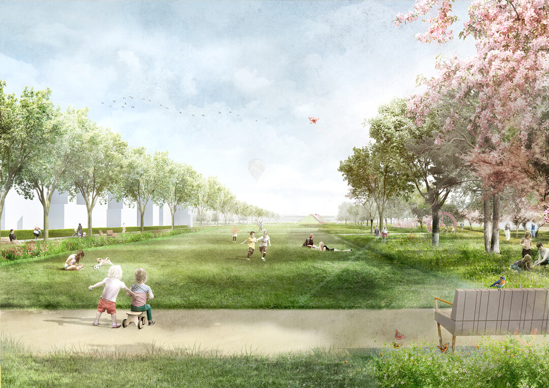 Der neue Park wird durch ein Wegenetz aus Gutspromenade (schnelle Verbindung),
Aktivittsband (langsame Verbindung), Verknpfer in die angrenzenden Bereiche und dem
zuknftigen Seerundweg durchgngig und barrierefrei erlebbar gemacht.
Das Gut Mllenark und der zuknftige Indensee sind durch einen stringenten Hauptweg
(Gutspromenade - Zeitachse!) und durch eine breite Sichtachse durch den Park visuell
miteinander verbunden. Der Hauptweg wird vorrangig von Radfahrenden und
FugngerInnen auf zwei parallel verlaufenden Wegen genutzt und von einer durchgezogenen
Baumallee begleitet. (...) Neben dem Hauptweg wird der Park von einem
weiteren Fuweg erschlossen, welcher entlang der neuen Freizeitachse, dem
multifunktionalen Aktivittsband, zum See verluft. Hier werden unterschiedliche Angebote
fr Spiel und Sport dargeboten. Auf der anderen Seite wird der Fuweg von einer
Streuobstwiese begleitet, die punktuell Sitzangebote und eine Picknickstation mit
Gewchshaus zur Verfgung stellt. (AUSZUG ERLUTERUNGSTEXT)
