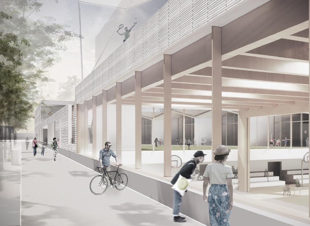 Die Dreifeldsporthalle ist um ein Geschoss eingegraben, um die Aktivitten im Inneren attraktiv ber die Glasfassaden mit dem umgebenden Stadtraum wie dem Freibereich der Kindertagessttte zu verweben. (AUSZUG ENTWURFSTEXT)