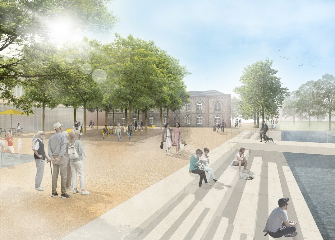 Herzstck des neuen Quartiers ist der Stadtplatz, der im Zusammenspiel
der denkmalgeschtzten Gebude (...) und dem zu einem
Mobilitycube umgestalteten Gebude (...) mit stadtbelebenden Erdgeschossnutzungen
sowie der Lage zur Ems zum kommunikativen Mittelpunkt
des Quartiers und zu einem neuen Anziehungspunkt in der Stadt
wird. Hier findet das ffentliche Leben statt. AUSZUG ERLUTERUNGSTEXT