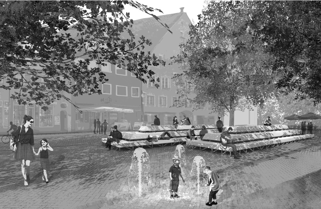 Plattformen fr Kommunikation: Der Entwurf platziert wenige Elemente und ein modulares System mit drei Plattformen, und schafft damit das Grundgerst fr ein sogenanntes Brgerforum - ein vielfltiger Begegnungsraum im Zentrum der Stadt mit unterschiedlichen Sitz- und Liegemglichkeiten fr alle Generationen. Die Ausrichtung und Staffelung der Plattformen frdere und provoziere Kommunikation, so die Entwurfsverfasser.Das Material der Plattformen nimmt Bezug auf die Holzarbeiten der historischen Kramerzunftstube. Kleine Wasserfontnen ergnzen das Platzangebot mit Spielmglichkeiten und schaffen Khlung an heien Tagen.