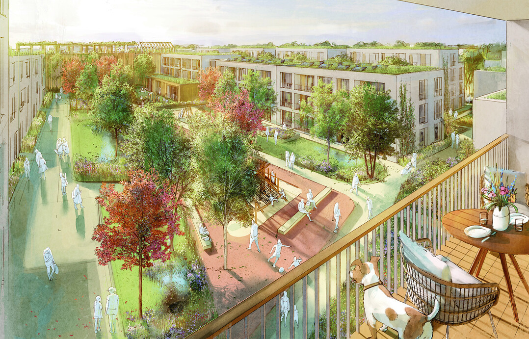 Das neue Wohnquartier an der Eduard-Schloemann-Strae zeichnet sich durch eine vielfltige und ansprechende Freiraumgestaltung aus, die den BewohnerInnen ein angenehmes und lebenswertes Umfeld bietet. Der Fokus liegt dabei auf gemeinschaftlich nutzbaren Auenanlagen, einer Kindertagessttte und der Vernetzung mit der Umgebung.
Ein zentraler Bestandteil des Quartiers ist der grne Stadtanger, der als zentraler Treffpunkt dient und mit Spielflchen und Aufenthaltsbereichen ausgestattet ist. Hier haben die BewohnerInnen die Mglichkeit, sich zu treffen, zu spielen und die Natur zu genieen. Die Anlage ist so gestaltet, dass sie Raum fr Gemeinschaft und soziale Interaktion bietet. (AUSZUG ERLUTERUNGSTEXT)