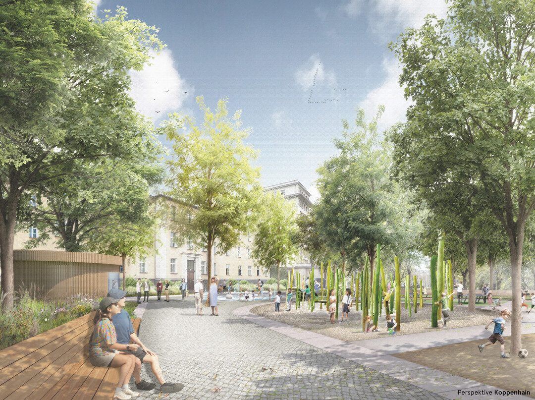 Angrenzend an den Kastanienhain erstreckt sich, als
Teil des neuen Quartiersplatzes Koppenhainplatz, der
Spielhain. Dieser fhrt den Kastanienhain gestalterisch
abstrahiert fort, spricht mit seinen natrlichen
Holzelementen eine Einladung zum Klettern, Rutschen
und Balancieren an alle mglichen Altersgruppen
aus und fgt sich wie selbstverstndlich in den neuen
Platz ein. AUSZUG ERLUTERUNGSTEXT