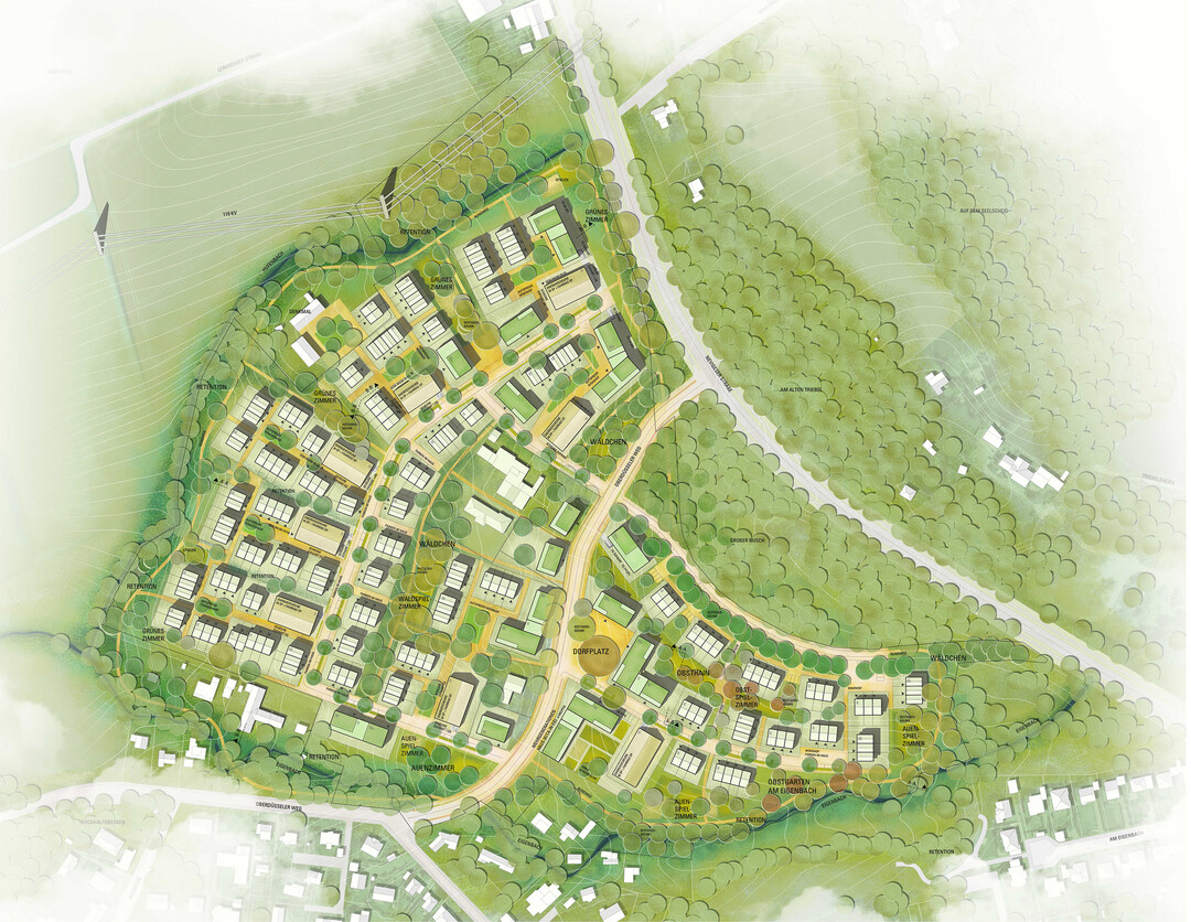 Der Sdwesthang des ehemaligen Pflanzenhofs bietet die Chance, den Wuppertaler Nordwesten mit einem neuen Quartier am Freiraum zu arrodieren. Die Lage der bergischen Kulturlandschaft findet ihre Resonanz in gartenstdtischen Motiven, die mit Synergien zwischen wertvoller Natur und den eingefgten Hausgruppen eine auergewhnliche Wohnatmosphre garantieren (AUSZUG ENTWURFSTEXT). Die Arbeit schafft mit einer Kombination von Ringerschlieung und angegliederten Hfen ein klares und nachvollziehbares Grundprinzip fr die Entwicklung. Die Setzung des Dorfplatzes ins Zentrum an den Oberdsseler Weg schafft einen klaren Bezugs- und Treffpunkt fr das neue Quartier. In Verbindung mit dem nachbarschaftlichen Hfen schafft dies die Mglichkeit einer abgestuften Orientierung und Gemeinschaftlichkeit.(AUSZUG JURYPROTOKOLL)
