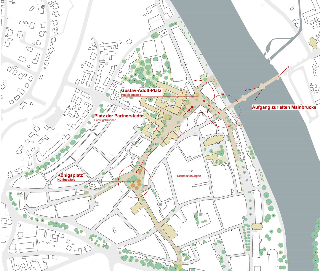 Die urbanen Stadtrume in der Kaiserstrae
und der Schrannenstrae bieten
unterschiedliche thematische Zonen. Die
Schwerpunkte der Kaiserstrae sind: der Knigsplatz
Grnoase als Erholungsort mitten
in der Altstadt, der Platz der Partnerstdte
urbaner Stadtplatz mit Brunnen, der Gustav-Adolf Platz
atmosphrischer Aufenthaltsort unter Bumen
- der Aufgang zur Alten Mainbrcke
Brckenplatz mit Freiraumgastronomie (AUSZUG ENTWURFSTEXT)