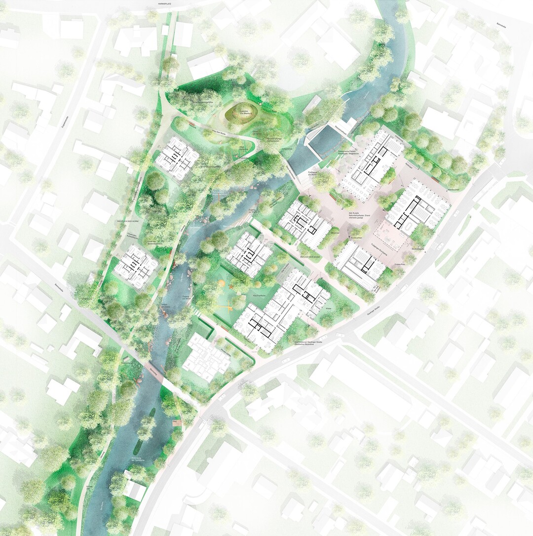 Der Wohnnutzung wird ein strkerer landschaftlicher und der gewerblichen Nutzung ein strker urbaner Bezug zugewiesen. Das neue Quartier erhlt somit zwei rumliche Schwerpunkte: 1. Die Plaza als rumliche Mitte der gewerblichen Nutzung und Quartierszentrum. 2. Das Wohnensemble am Wrmufer, mit fnf Baukrpern (einer davon Bestand, einer flexibel zum Gewerbe umnutzbar), die zum Wasser orientiert sind, und ber die Wrm hinweg miteinander kommunizieren. (AUSZUG ENTWURFSTEXT)