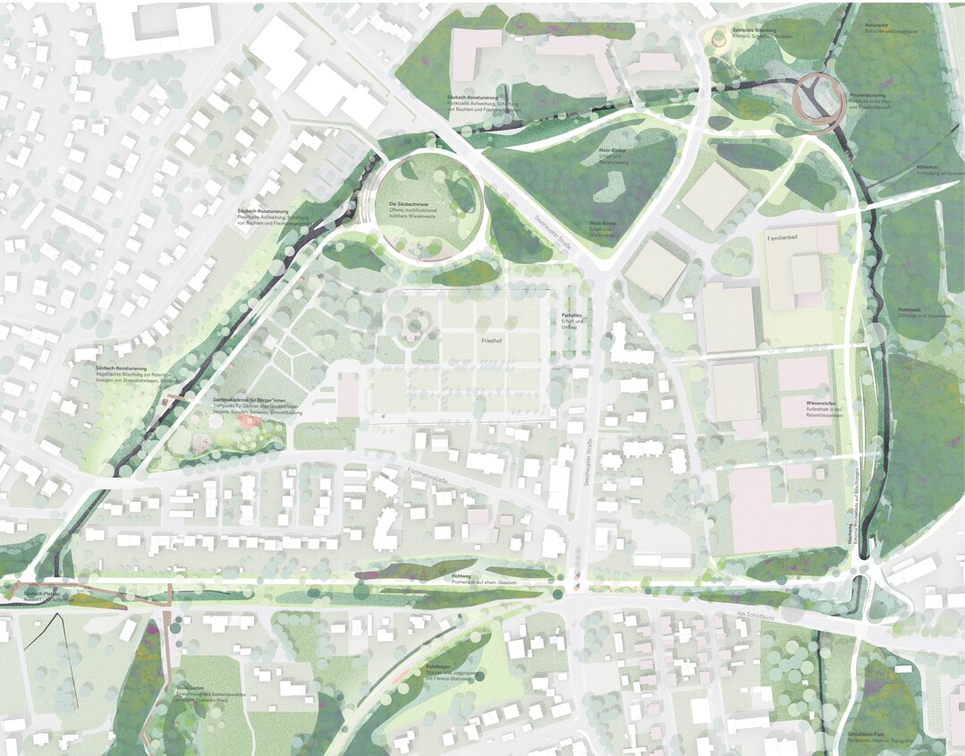 BACHMEILE (Lageplan nrdlicher Teil): Als offener, multifunktional nutzbarer Grnraum soll die Subachwiese als nrdlicher Auftakt oder Abschluss der Bachmeile und als Stadteingang betont werden. Mit Rundumblick. Die Fugngerpromenade, die alle Abschnitte des Grnzugs
durchluft, wird hier zu einem Rundweg gestaltet. Als besonderes Highlight werden steinerne Sitzstufen zum renaturierten Subach vorgeschlagen, um den direkten Bezug zum Wasser herzustellen. In der flachen Bachschlaufe sowie auf der Kiesinsel entstehen neue Lebensrume fr Tiere und Pflanzen. Natrliches Kneipen, Entspannung mit Blick aufs Wasser, Spielen auf der Wiese, Flanieren, Joggen, Schaukeln  fr alle Generationen gibt es sanfte und ruhige Nutzungsangebote. Der Bach wird zum sprbaren Erlebnis.