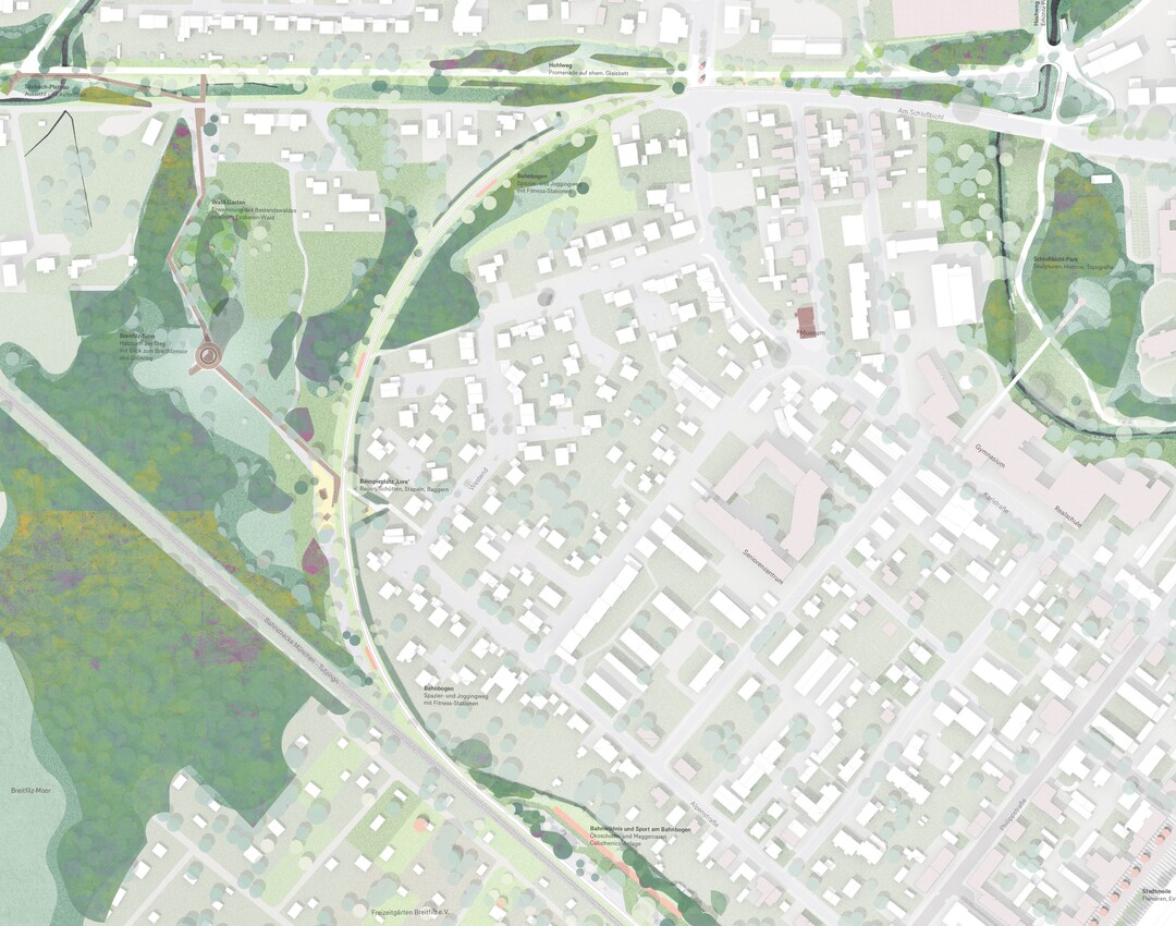 BAHNBOGEN im Sden (Lageplan Sdteil): Der Bahnbogen wird zum Spazier- und Joggingweg mit Fitnessstationen und dem Bauspielplatz Lore, Dafr wird die bestehende Spielplatzflche erweitert und zu einem zentralen Bauspielplatz zum Baggern, Stapeln und Bauen. Der Charakter der Bahnwildnis wird durch die Neupflanzung von Birken und Schwarzkiefern gestrkt. Blhende koschotter-Flchen sowie in den Weg eingebrachte Gleisrelikte erinnern an die industrielle Nutzung des Bahnbogens zu Zeiten des Bergbaus. Vom Bahnbogen fhrt ein Weg zum als Promenade angelegten stillgelegten Bahngleis (...) Einfache Holzstege erschlieen den sensiblen Naturrumen.