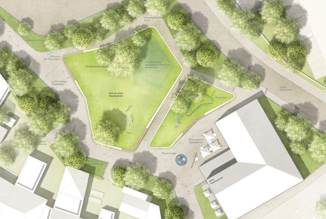 Mit einem neuen Bahnhofsvorplatz und einem grnen Park am Tabakspeicher entstehen zwei
Raumqualitten. Der bergang zu den westlichen Privatgrundstcken wird spielerisch integriert.
Es entsteht ein optisch grozgiger Gesamtraum aus einem Guss mit einer einheitlichen
Gestaltungssprache. AUSZUG ERLUTERUNGSTEXT