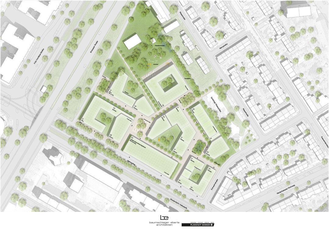 Die Kommunikations- und Begegnungsflche bildet das zentrale Thema des Freiraums, das "Grnes Quartier" ist Programm: Die differenzierte Abfolge und Ausgestaltung der Pltze, Gassen und Hfe schafft unterschiedliche Identitten und Atmosphren - wie urbane Pltze, einladende Alleen, schattenspendende Baumgruppen, grne Spielinseln, ruhige Treffpunkte und geschtzte Hfe - und strken Mikroklima, Biodiversitt und Retentionsfhigkeit des Quartiers.