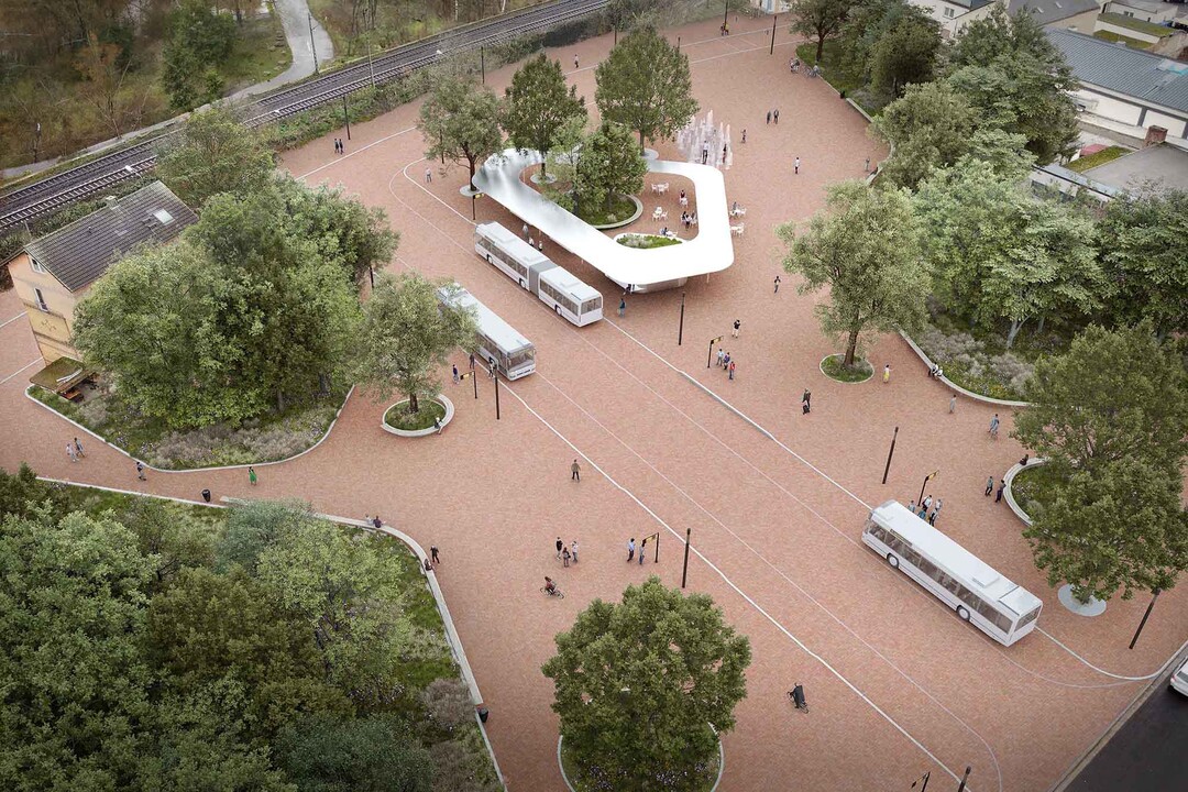 Zentrales Entwurfsmotiv ist das Drehkreuz als Raum, der flexiblen und sicheren Fluss zwischen den
Einrichtungen der Verkehrsinfrastruktur bietet: Bahnhof, Busbahnhof, Kiss-and-Ride und Taxi-Verkehr werden
verbunden und in Beziehung gesetzt. Den ueren Rahmen fr dieses Drehkreuz bildet der Grnraum, der Schatten
bietet sowie visuelle und akustische Barrieren schafft. Die Schaffung einer Atmosphre ist ein wichtiger Aspekt der
Gestaltung. Stellen Sie sich vor, Sie warten auf den Bus und hren das beruhigende Pltschern eines Wasserspiels,
das gleichzeitig den Lrm der Verkehrsflchen mindert. (AUSZUG ERLUTERUNGSTEXT)
