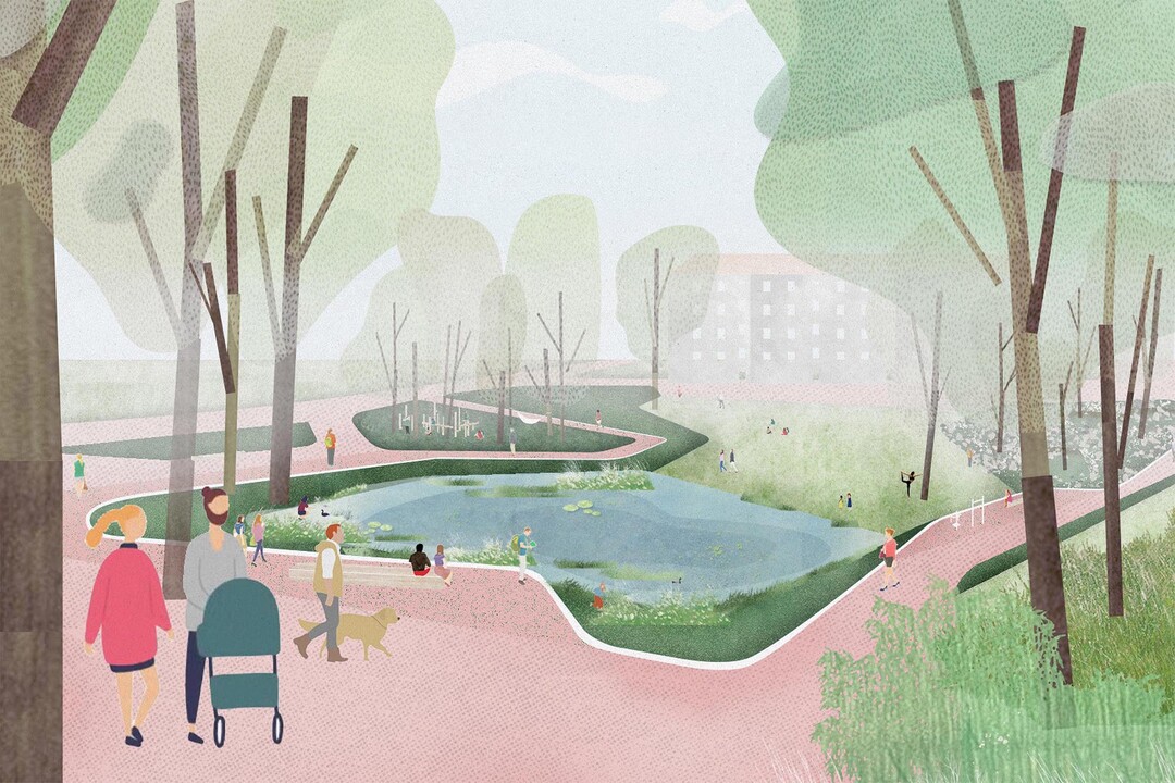 Der Innovationscharakter der Arbeit besteht in der flchenhaften und vollstndigen Entsiegelung der ehemaligen Gebudeblcke und in einer neuen Gestaltungskonzeption fr das Quartier. Als starkes Bild werden drei thematische Inseln geschaffen, mit einer grozgigen grnen Wiese in der Mitte und einem rahmenden Rundweg. AUSZUG JURYPROTOKOLL