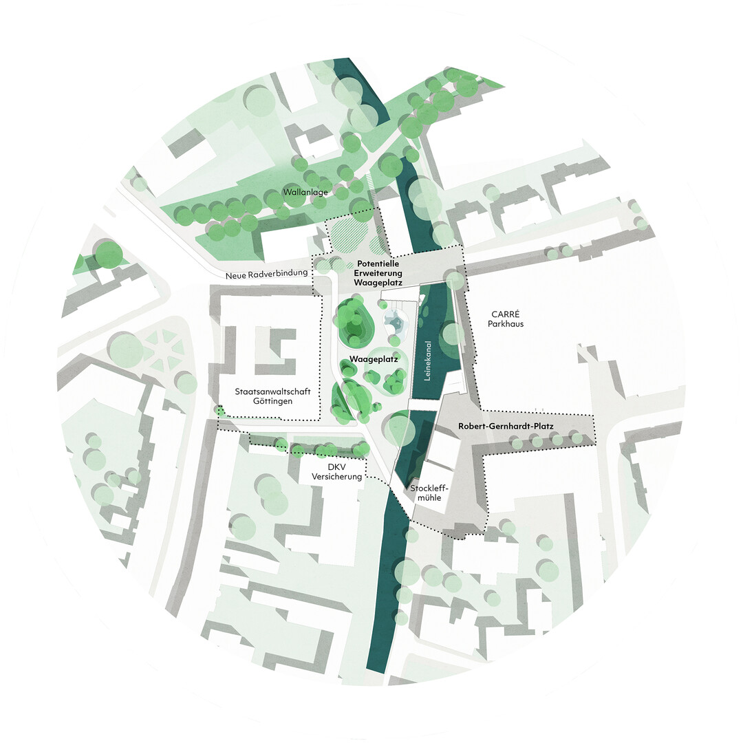 Das Konzept sieht vor, den Waageplatz in eine stdtische hybride Plattform umzuwandeln, die sowohl intensive Nutzungen als Stadtplatz als Erholungsfunktion als Pocket-Park vereint. Die Verkehrsstrme der Passant:innen geben den Landschaftspartien eine sinnliche Form, definieren Wegverbreiterungen und ermglichen reibungsloses Passieren. Durch eine bewusst organische Gestaltung wird der Waageplatz betont und bietet gleichzeitig ausreichend Platz fr regelmige Feste und Veranstaltungen. (AUSZUG ERLUTERUNGSTEXT)