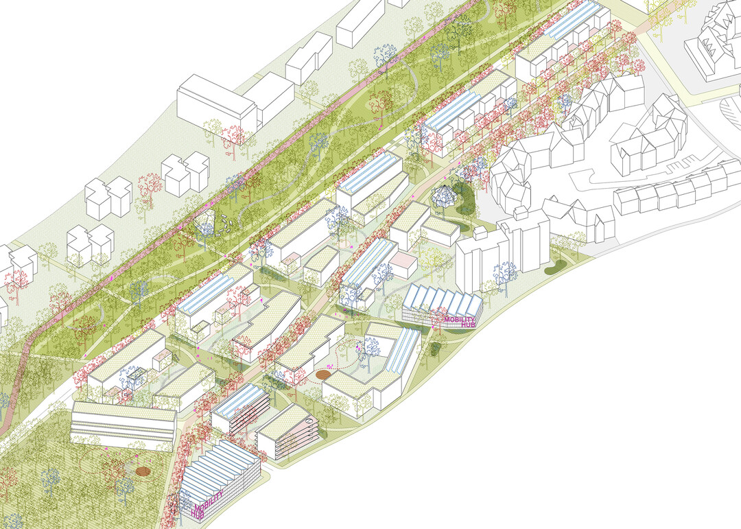 Fr die Flchen zwischen Leipziger Strae und der neuen Stadtstrae  ehemals Bauhof , wird ein nachhaltiges Wohnquartier im Grnen vorgeschlagen. Es handelt sich um Gebude im Geschosswohnungsbau, Mehrgenerationen- und Alterswohnen und Mischnutzungen mit ausreichendem Anteil an ffentlich gefrderten Wohnungen, mit groen Gemeinschaftsgrten. Die Gebude sitzen satt im Grn und direkt an dem neu entstandenen Waldpark. Darber hinaus dient das Quartier als Trittstein zwischen bestehender Wohnbebauung im Sdwesten und dem neuen Waldpark. Verbindende Grnrume beherbergen Spielflchen, Retentionsflchen und Verweilrume, welche fr alle Generationen attraktiv sein sollen. (...) Fahrzeuge werden in Mobility Hubs (Quartiersgarage mit Gewerbenutzungen, die die Fassaden aktivieren) geparkt. (...) Der motorisierte Verkehr mit dem Ziel Markthaus wird lediglich ber einen kurzen Abschnitt auf einer Fahrradstrae gefhrt. Das Auto ist hier nur zu Gast. (AUSZUG ENTWURFSTEXT)