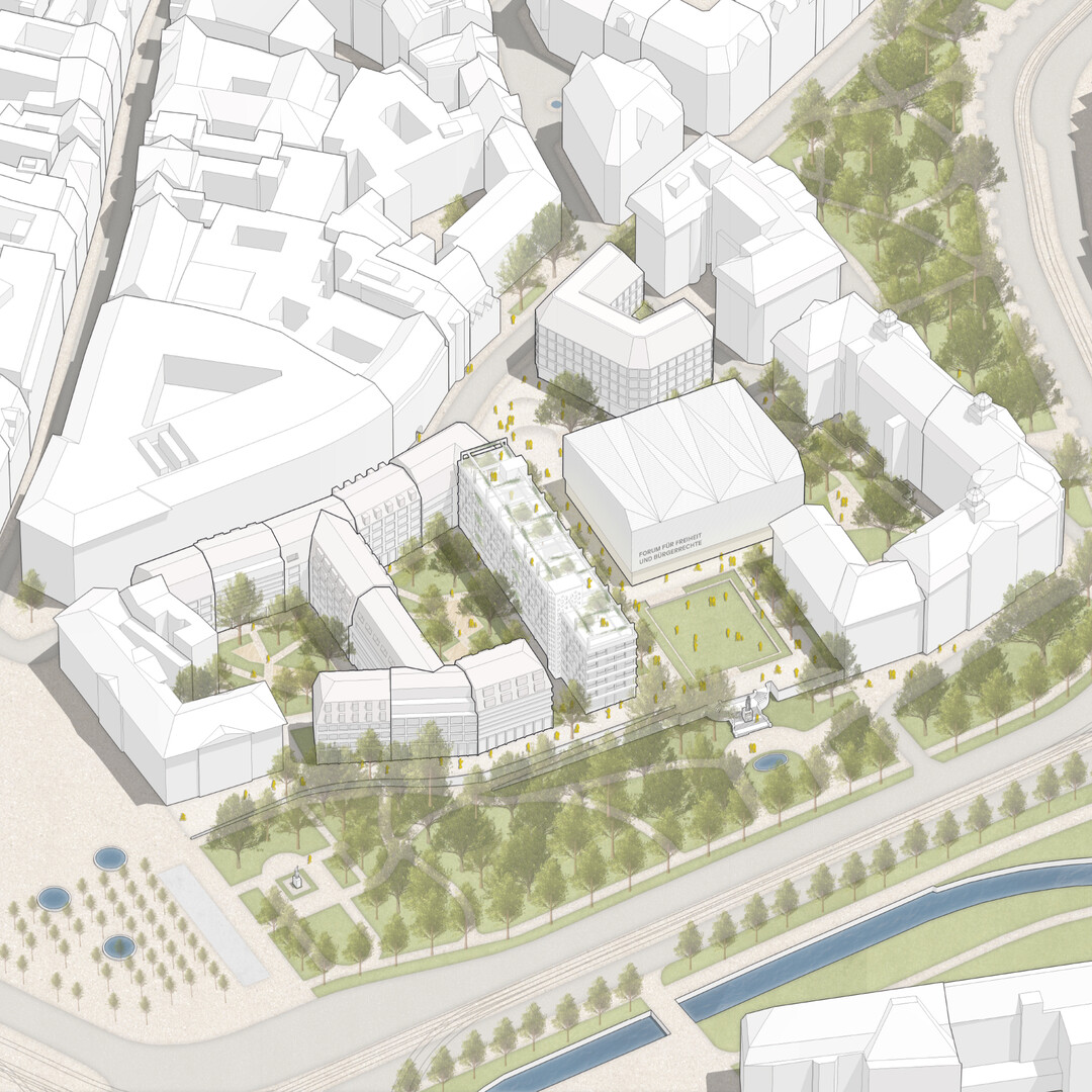 Das Preisgericht wrdigt besonders die stadtrumliche Inszenierung der neu geschaffenen und unterschiedlichen
Freirume: im Westen entsteht die grozgige Agora, die vom Park ber die Klinger-Treppe einldt und
den Blick bereits vom Goerdelerring auf das Forum erffnet. Die Agora wird dreiseitig von Baukrpern gerahmt
und erhlt so eine angemessene Mastblichkeit, die die notwendige Nutzungsoffenheit und Bespielbarkeit
ermglicht. Die ffentliche Nutzung des flankierenden Bestandsflgels und die offene und einladende Erdgeschosszone
des Forums als Ort des gesellschaftlichen Diskurses erlauben die gewnschten Synergien und flieenden
bergnge zwischen Platzraum und Gebude. (AUSZUG JURYPROTOKOLL)