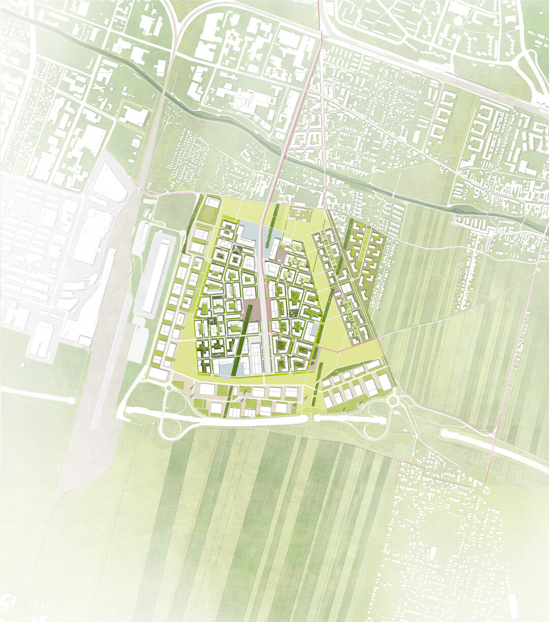 Mit Blick auf die Qualitt der geschaffenen Freirume wird die Grozgigkeit und differenzierte, auf den
Kontext reagierende Ausbildung des Grnen Ringes als Element der Adressbildung fr alle BewohnerInnen des zuknftigen Stadtteils besonders herausgestellt. Die feinfhlige Programmierung und Verknpfung mit dem Umfeld (wie zum Beispiel mit den Schulstandorten) berzeugen ebenso wie die in hohem
Mae mgliche Aktivierung als Frhes Grn. AUSZUG JURYPROTOKOLL