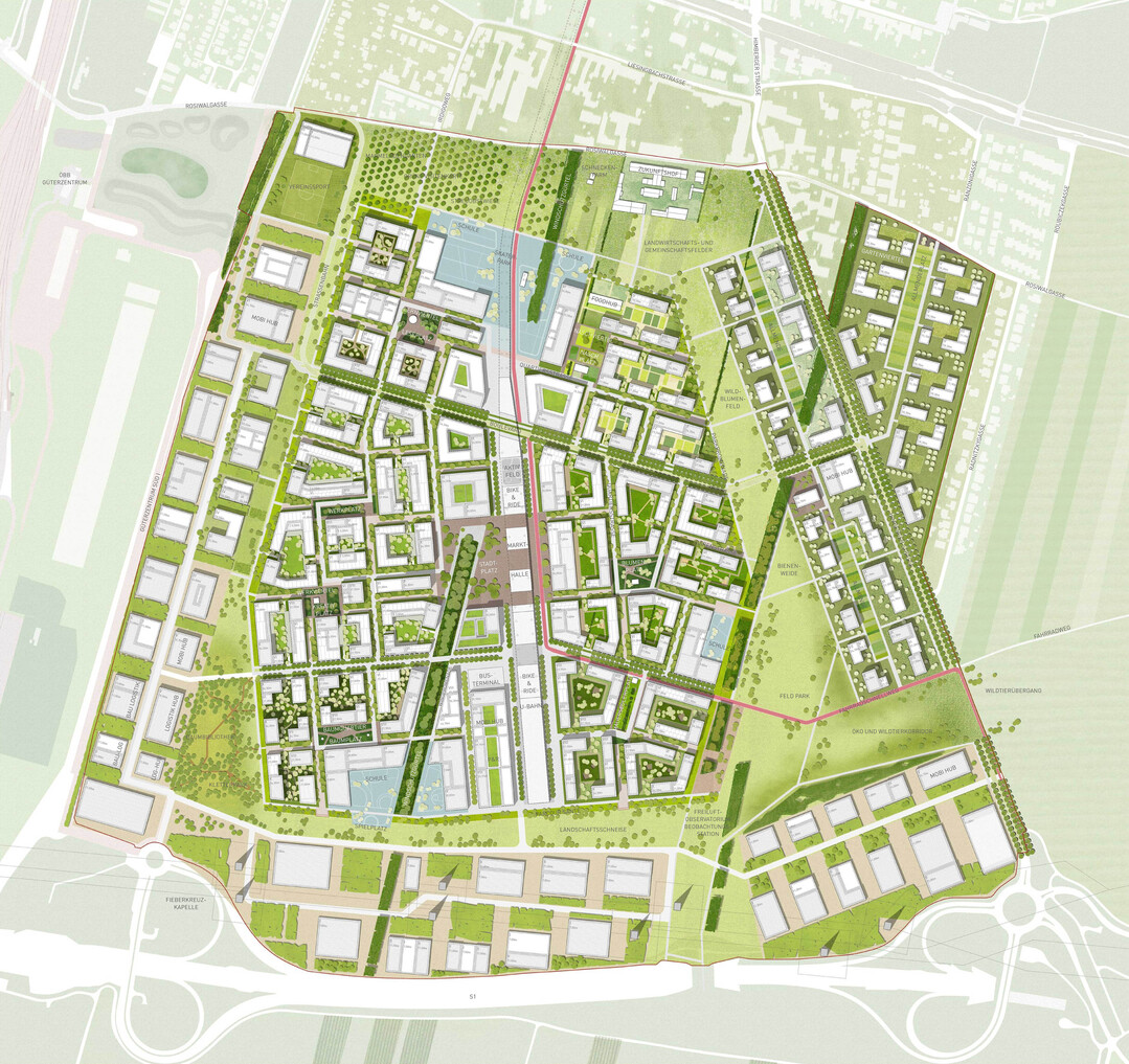Mit der Entstehung eines neuen Stadtteils stellt sich die Frage nach der Massenverteilung, der Dichte und der Weite. Unsere Planung sieht einen kompakten, grnen, sozialen, dichten, urbanen Kern vor (bestehend aus 14 ha weitlufigen, nachbarschaftlichen, halbffentlichen Hfen, die von unterschiedlichen Schwerpunkten und Themen geprgt sind, sowie 7 ha Gemeinschaftsstraen mit hohem Grnanteil und sehr geringem Versiegelungsgrad, und 3,5 ha acht Quartierspltze als bergeordnete Freizeittreffpunkte). Am Rand der Bearbeitungsgrenze befindet sich ein Saum von 28 ha Industrieflchen (nach Westen und Sden) und von 12 ha Allmende (nach Osten). Zwischen diesen beiden bebauten Sichten ist ein ringfrmiger 31,5 ha groer Stadtteilpark geplant, der von berall innerhalb von maximal 5 Minuten erreichbar ist.  AUSZUG ERLUTERUNGSTEXT