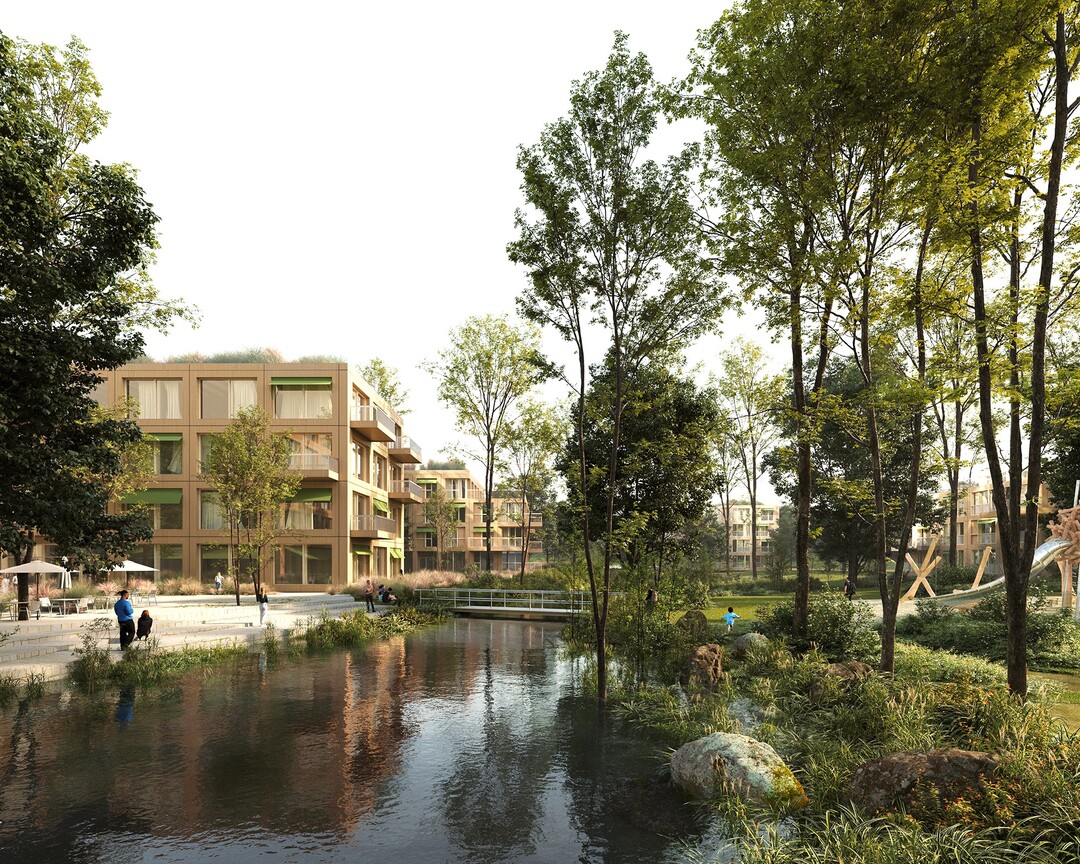 Besondere Orte im Freiraum: Punktuelle Flusszugnge an die Wrm inszenieren den Fluss und bringen ihn ins Bewusstsein der Stockdorfer Bewohnerschaft und machen das Wasser auf unterschiedliche Art erlebbar. Eine urbane Freitreppe verbindet die Plaza mit dem Flussufer und schafft einen atmosphrischen Aufenthaltsort in Kombination mit dem Gastronomie-Freisitz am historischen Wasserkraftwerk. Ein grnes Ufer gegenber der Freitreppe schafft einen gezielten Kontrast zur Urbanitt und bietet einen flachen, natrlichen Wasserzugang in der Nhe der Bootsrutsche. Locker verteilte Sitzblcke betonen die grnen Fugen zwischen den Neubauten und strken die Sichtachsen von Ost nach West ber die Wrm. Hier kann man die Fe ins Wasser halten, baden gehen oder die Natur genieen. (AUSZUG ENTWURFSTEXT)