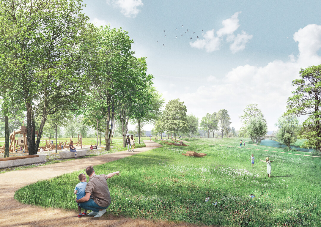 Der Kinzigpark ffnet sich mit seiner flach gebschten Deichskulptur,
der Grnen Kinzigarena, zur Kinzig. Allein einige schattenspendende
Gehlzcluster auf der Parkseite der Promenade
und direkt am Wasser stellen Raumbildende Strukturen
dar. Die Kinzigarena wird beidseitig von sanften Bschungen
mit Wiesenflchen gebildet. Auf Parkseite gehen diese in die
Offene Mitte ber, auf Kinzigseite in den kologischen Auenbereich
mit uferbegleitender Hochstaudenflur und Uferwiesen
sowie Weiden- und Auengehlzen. AUSZUG ERLUTERUNGSTEXT