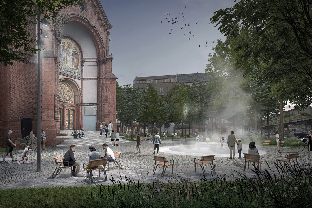 Der Vorplatz im Sden der Kirche wird durch groe Wiesenflchen mit niedrigen Grsern und Struchern begrenzt, die den historischen Grnflchen nachzeichnen und gleichzeitig neu interpretieren. Dem Eingang zur Kirche wird ein khlender Nebelbrunnen gegenbergestellt. Eine flach gemuldete, helle Betonflche dient als Bhne fr im Dunst eintauchende Menschen sowie in der Nacht durch einen Lichtspot erleuchtet, fr Tnzer oder Performances. Die Kirchentreppe, lange Bnke sowie frei auf der Flche stehende, fixierte Sthle dienen als Tribne und informeller Treffpunkt. Vor den Wiesenflchen neben der Kirche bieten lange Bnke den Blick in die Sd-Sonne und auf den Platz. So entsteht eine urbane von baumberstandenen Pflanzflchen gerahmte Platzflche mit differenzierten Sitzangeboten; ein jugendlicher Treffpunkt mit der notwendigen Entfernung zur Wohnbebauung. AUSZUG ERLUTERUNGSTEXT