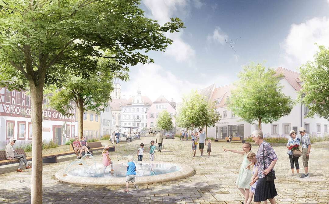 Abgeleitet von den definierten Zielen konzentriert sich der freiraumplanerische Entwurf in die Neuordnung des Verkehrs in den Gassen sowie am Marktplatz/Eiermarkt, aus welcher sich  nahezu allein durch die vielfltige Verwendung des gewnschten Natursteinpflasters aus Muschelkalk  klar ablesbar die Aufteilung in Bewegungsflchen und Nebenflchen fr Begrnung, Parkierung und Aufenthalt untergliedert. Dabei wird die vorhandene Gliederung des Stadtbodens in reine Gehweg- und Straenbereiche aufgegeben. Weitergehend ersucht der Entwurf einen klima- und zeitgemen sowie funktional sinnvollen Umgang bei der Verwendung von Stadtgrn und der damit in enger Verbindung stehenden Schwammstadtprinzipien. AUSZUG ERLUTERUNGSTEXT