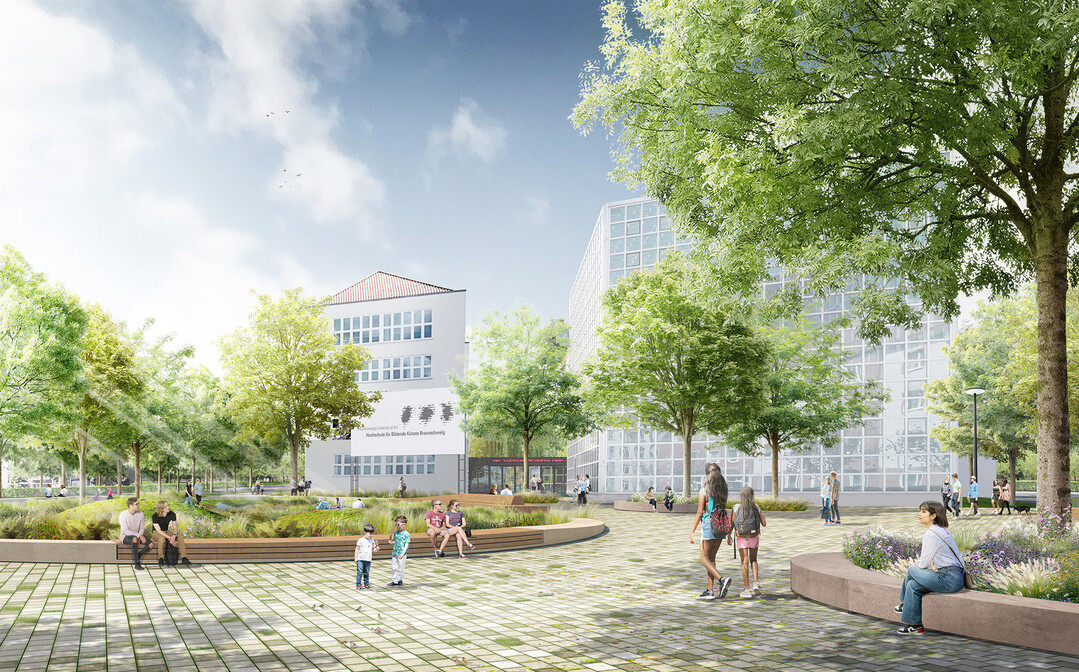 Zusammen mit den Gebuden der HBK bildet der Johannes-Selenka-Platz den funktionalen sowie ideellen Schwerpunkt im Stadtquartier. Das vorgeschlagene Konzept sieht eine einladende und raumprgende Geste vor, um die Eigenstndigkeit und die Lagegunst des Platzes hervorzuheben und zu betonen. (AUSZUG ERLUTERUNGSTEXT)
