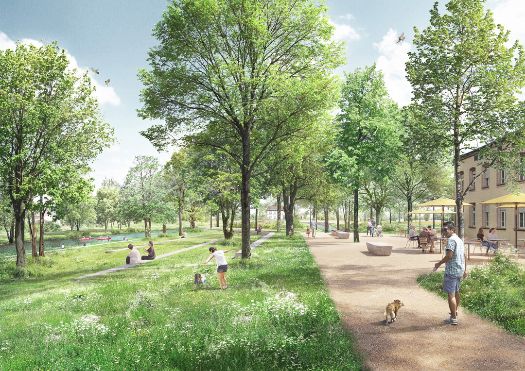 Die historische Rderbachinsel wir ber zwei neue Stege in das
Freiraumkonzept eingebunden. Die wichtigste Verbindung
entsteht an der Nordspitze und bietet ber die Badstrae eine
direkte Verbindung in den zentralen Kinzigpark. Ein zweiter Steg
schafft am Sdende eine Verbindung in den weiteren Landschaftsraum.
Thematisch werden auf der Rderbachinsel die
Themen Gemeinschaft und Grten aufgegriffen. So wird an
der Nordspitze das Familienzentrum um die Villa Pfhler ausgebaut.
Das Areal wir in Form einer Festwiese und des neuen
Veranstaltungszentrums auch stlich des Sgebachs erweitert.
Die freiwerdende Flche auf der Rderbachinsel wird als
grozgige offene Liegewiese mit Wasserzugang gegenber
des Kinzigparks genutzt. AUSZUG ERLUTERUNGSTEXT