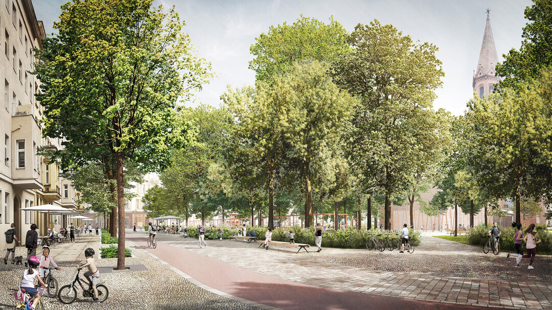Mit dem aufgewerteten Vorplatz der Emmaus-Kirche, der sportlich geprgten Mitte, dem Spielplatz und der zur Stadtterrasse aufgewerteten Nordkante entsteht eine differenzierte soziale Achse. AUSZUG ERLUTERUNGSTEXT