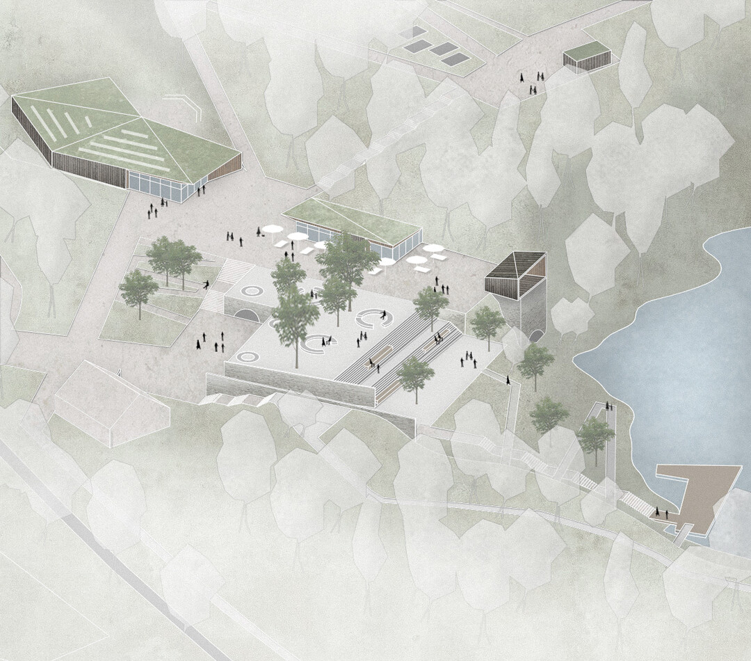 ARGE UWA / bau.raum architekten Moser Ler mit Lo2 Landschaftsarchitektur: "Das Entree bildet eine interessante Willkommensgeste (...) Hervorzuheben ist in diesem Zusammenhang die terrassenartige Gesamtgliederung dieses Bereiches mit den unterschiedlichen Hhen- und Wegeniveaus. Daraus entstehen unterschiedlich differenzierte Einzelrume von hoher Aufenthaltsqualitt. Besonders hervorzuheben ist die schneisenartige ffnung zum See." Auszug Juryprotokoll 2. Phase
