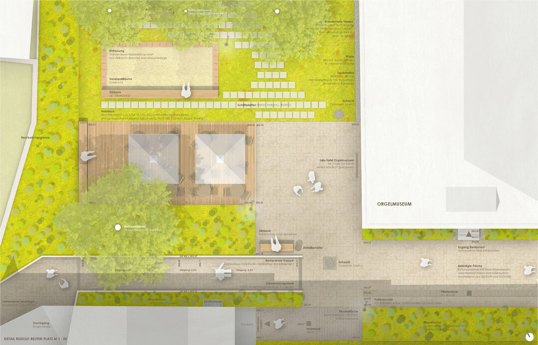 Sdlich des Orgelmuseums fhrt der vegetative Rahmen zum westlich gelegenen RudolfReuter-Platz. Dieser wird als grner Gartenplatz gestaltet und bietet mit seinem Linden-Dach
Kinderspiel und Verweilmglichkeiten im khlenden Schatten. Trittplatten fhren zu den Bnken und ber den Platz hinweg zur Marktstrae. Das von den vorhandenen Natursteinquadern des ehemaligen Brunnens gerahmte Kinderspiel wird mit Trittsteinen zum Balancieren
ergnzt und befindet sich in Nachbarschaft zum Sonnendeck. (AUSZUG ERLUTERUNGSTEXT)