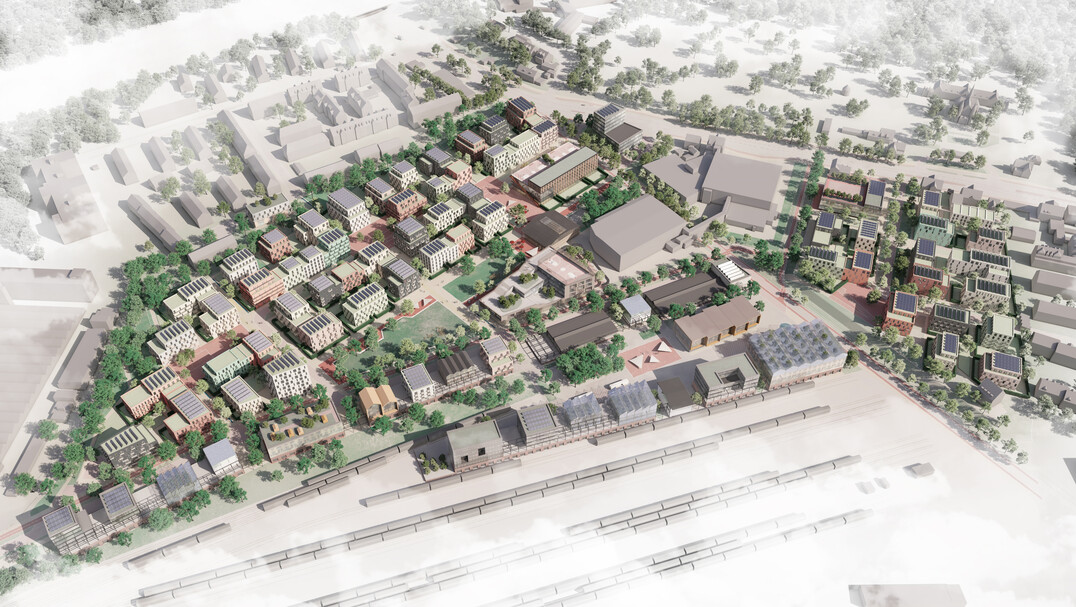 Das urbane Quartier wird durch die drei Grnzge gegliedert, welche sich fcherartig durch das Quartier ziehen und die Idee eines vernetzten, biodiversen Grnzugs im Sinne des Ringgleises konsequent weiterdenken und an den Grnraum des Hauptfriedhofs anschlieen. Dabei wird ein Groteil des bestehenden Baumbestands erhalten und in die Grnachsen integriert. Die drei von Nord nach Sd verlaufenden Grnzge gliedern sich in das Spiel- und Gartenband, den Kiez- und Aktivpark und den Gleispark  jeweils mit spezifischer Identitt und thematischer Programmierung. So bildet das Garten- und Sportband einen grozgigen Grnzug, der durch Spiel- und Sportflchen, sowie Experimentierflchen wie dem Kiezacker und Kleingrten im Norden geprgt ist. Die durch den Park verlaufende Topographie erzeugt dabei spannende Raumsituationen und schafft zustzlich ein konfliktfreies Miteinander zwischen der angrenzenden Wohnbebauung und dem Park. (AUSZUG ENTWURFSTEXT)