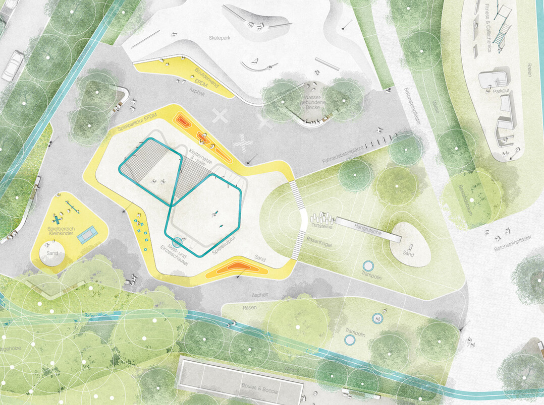 Der westliche Bereich des Sportparks wird als grozgige Spiel- und Skatelandschaft mit diversen multifunktionalen Spielelementen gestaltet. Um Konflikte zwischen verschiedenen Altersgruppen zu umgehen, wird in der geschtzten Zone im Sdwesten ein Spielbereich fr Kleinkinder mit Sitzbereichen fr Eltern untergebracht. Neben einzelnen Kleinspielgerten erhlt die zentrale Sandspielflche eine bespielbare Skulptur mit Kletterseilen und -netzen. (AUSZUG ERLUTERUNGSTEXT)