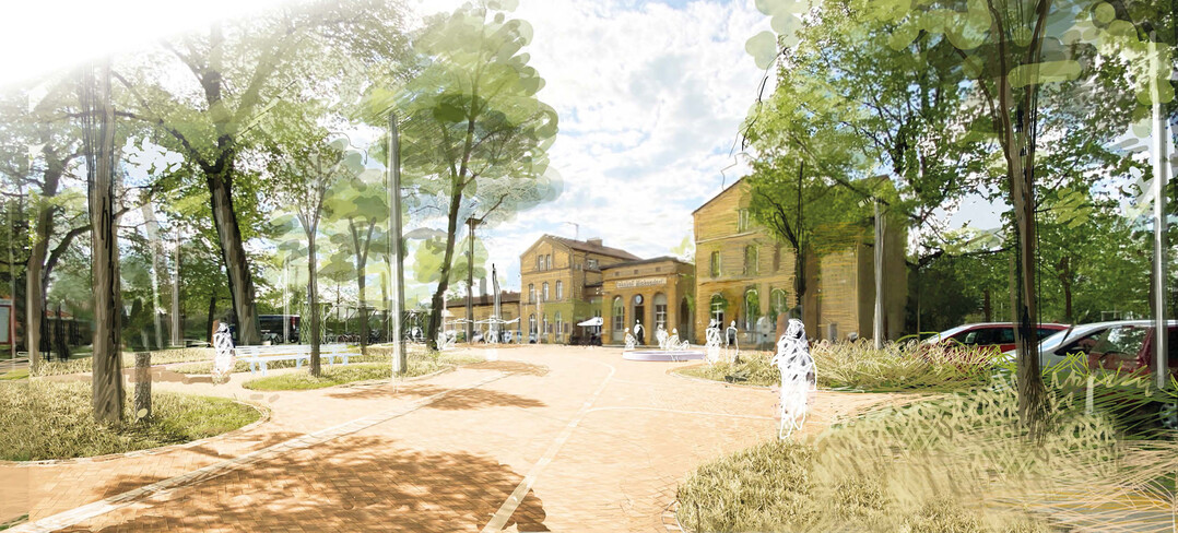 Die Perspektive zeigt den Entwurf des Bahnhofsplatzes, der sich in einen offenen Vorplatz mit Wasserspiel und einen parkartig angelegten Bereich mit Sitzgelegenheiten unter Baumkronen gliedert. Die durchgehend gepflasterten Oberflchen weisen auf den Bahnhof als Ankunftspunkt.
