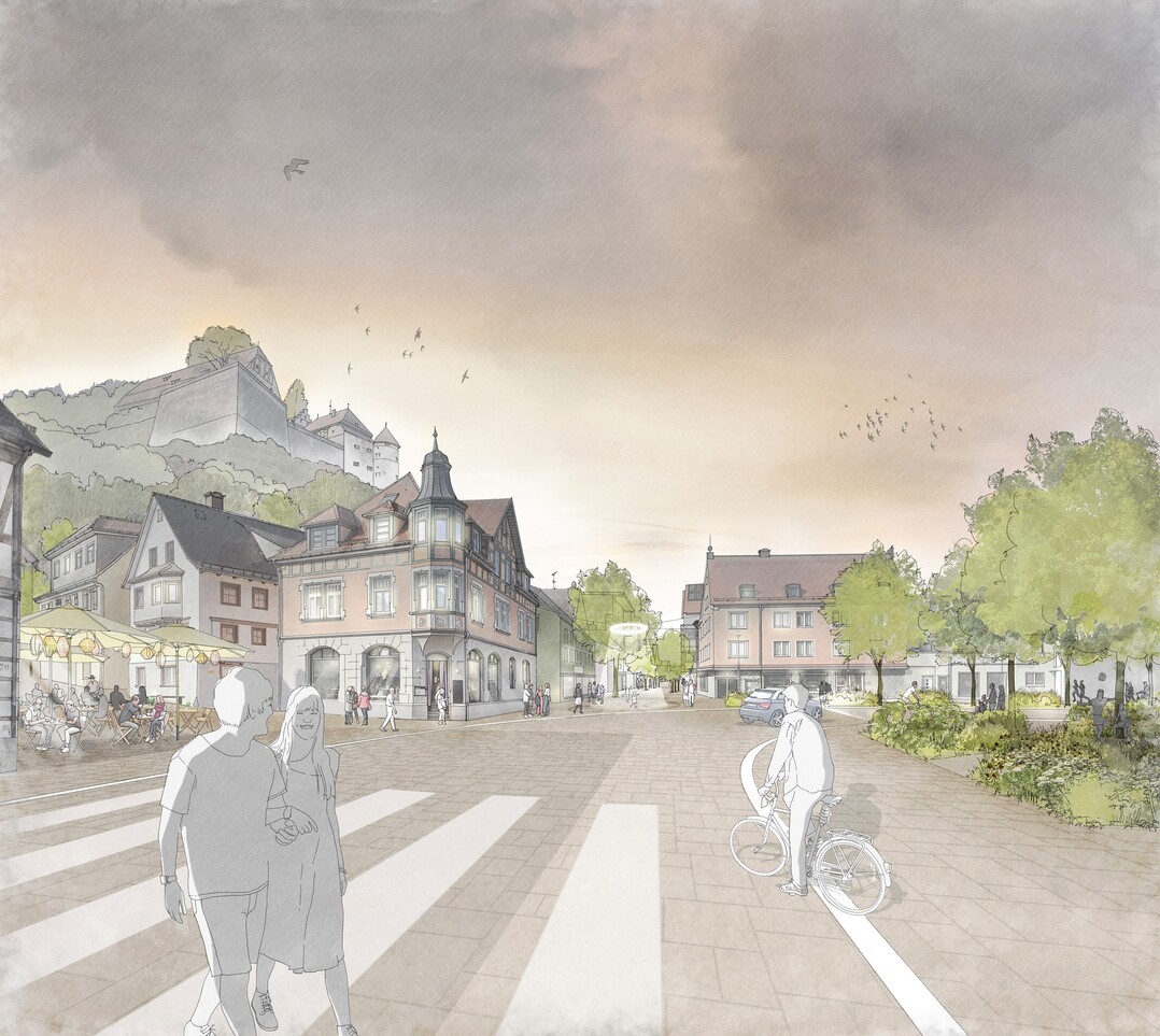 Auszug Entwurfstext: "Das Altstadt-Quartier erhlt entsprechend seiner Nutzung als Fugngerbereich einen homogenen Stadtboden mit eigener Charakteristik.Das Rathaus-Quartier, derzeit unangemessen versiegelt und unattraktiv wird in der Lesbarkeit der Blockstrukturen gestrkt und erhlt mit dem Rathausplateau im Zusammengang mit dem Kirchenumfeld der Pauluskirche eine neue, grne Mitte.Ziel fr das gesamte Quartier neben anderen ist es, eine starke (maximale) Durchgrnung bei gleichzeitiger Entsiegelung zu etablieren. Dementsprechend wird vorgeschlagen die Straenrume dem Blockraster folgend mit Alleen unterschiedlicher Wertigkeit zu bestcken. Von besonderer Bedeutung ist hierbei das Straenkreuz von Graben- und Christianstrae, da diese Stadtrume ber das Quartier hinaus von Bedeutung sind. Die Grabenstrae wird als sogenannte Blau-Grne-Achse bis zum Campus der Dualen Hochschule, die Christianstrae als sogenannte Brenz-Achse bis zum Flussraum gedacht."
