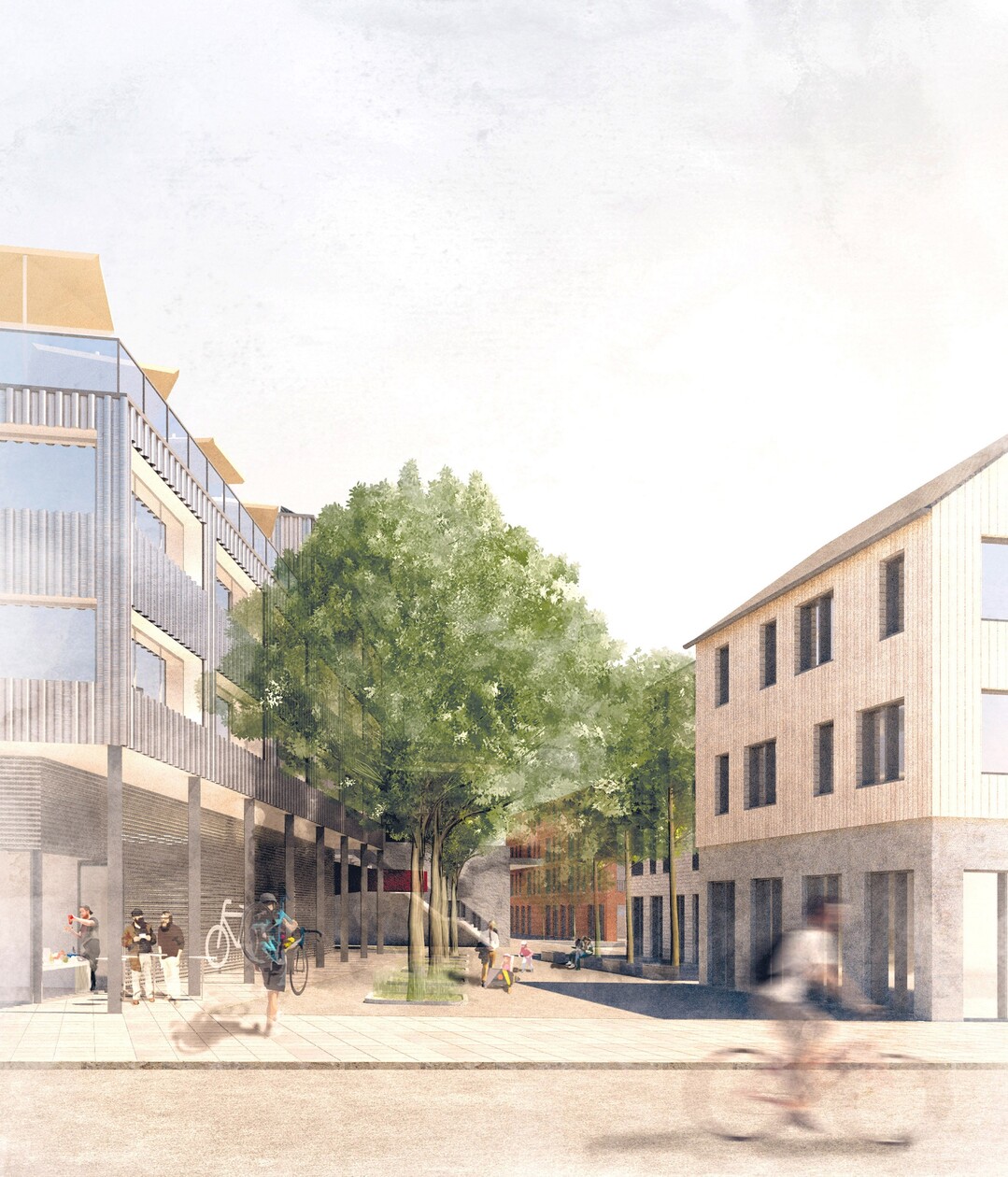 Der Siegerentwurf bietet eine zeitgemäße Neuinterpretation in fünf Umsetzungsphasen, welche den Raum zwischen Ulmer Straße und Bahngleisen zu einem lebenswerten und durchmischten Stadtquartier umgestaltet.