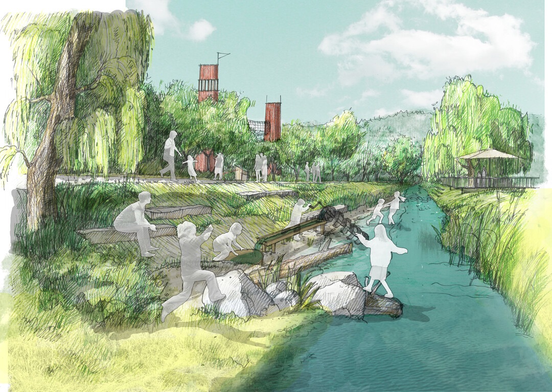 Aufwertung der Talsohle entlang der Schlema - Attraktivierung Wirtschaftsweg Kurpark: 
Die Aufwertung des unteren, berdimensioniert ausgebauten Wirtschaftsweges und seine Integration in den ueren Rundweg ist ein vordringliches Ziel des Entwurfs. Neu geschaffene Orte am Wasser besetzen wichtige Verknpfungspunkte in die Umgebung (Silberbachtal, Hammerberghalde) und dokumentieren gleichzeitig die Transformationsprozess der Landschaft am Beispiel des verlegten Gewsserverlaufes der Schlema. Im Bereich des stlichen Eingangs an der Hauptstrae wird durch entsprechende pflanzliche Raumstrukturen und der Renaturierung der Schlema ein neuer Ort am Wasser geschaffen. (AUSZUG ENTWURFSTEXT)