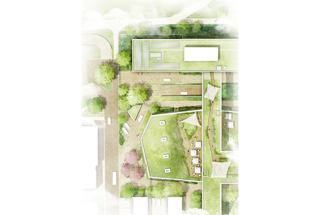 Das Pfrtnerhaus und die Kurzparkpltze schieben wir ein paar Meter nach Norden, um Raum fr ein Entre und einen Auftakt zu schaffen, die gleichzeitig die Adressbildung des Ortes verstrken. Eine wassergebundene Platzflche mit neuen Bumen und Holzplateaus soll dem ganzen einen urbanen Charakter verleihen und ein erstes Ankommen und Aufhalten ermglichen. Die Vorfahrt zu Gebude A erhlt durch die neue Formsprache eine Klarheit und Eleganz, die optimal geeignet ist, um Besucher bis vor den Haupteingang zu bringen. AUSZUG ERLUTERUNGSTEXT